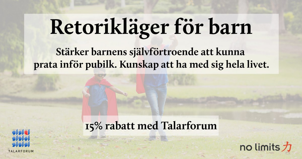 Talarforum vill i samarbete med No Limits att barn och ungdomar ska få möjlighet att lära sig retorik och konsten att tala inför publik och att det förknippas med något roligt No Limits har skapat No Limits Camps retorikläger för barn och ungdomar